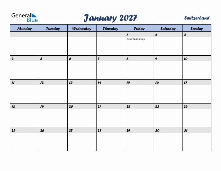January 2027 Calendar with Holidays in Switzerland