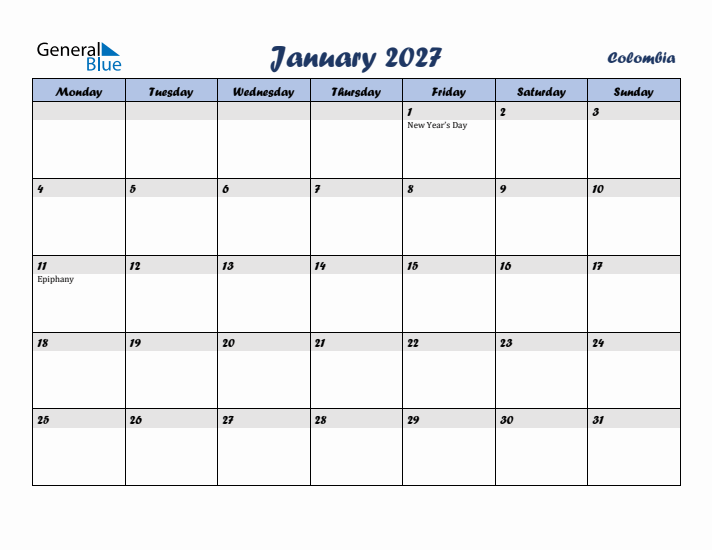 January 2027 Calendar with Holidays in Colombia