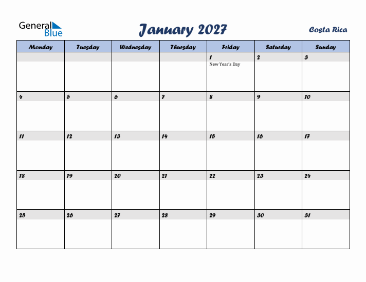January 2027 Calendar with Holidays in Costa Rica