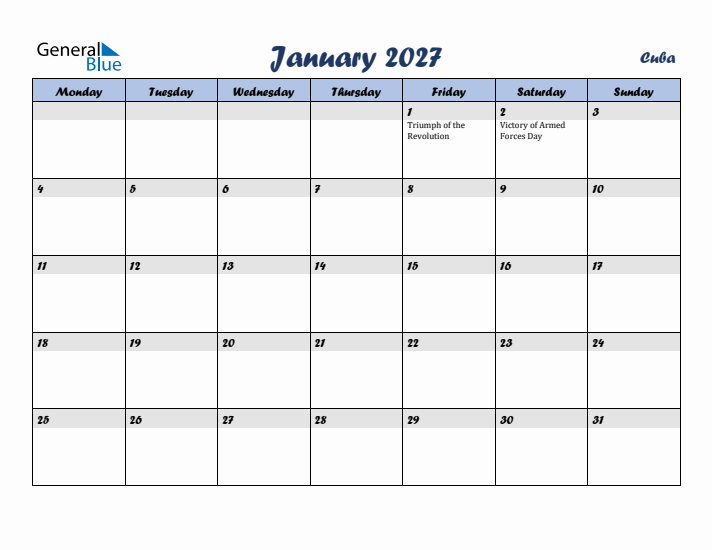 January 2027 Calendar with Holidays in Cuba