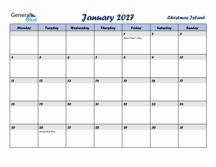 January 2027 Calendar with Holidays in Christmas Island
