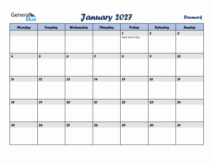 January 2027 Calendar with Holidays in Denmark