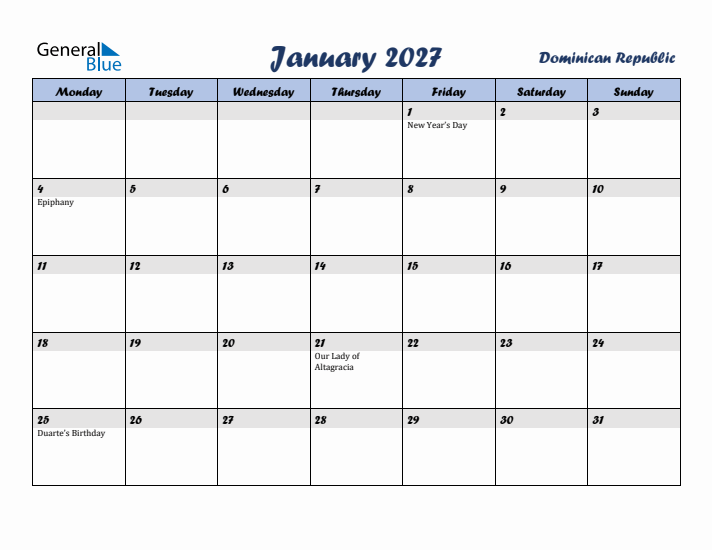 January 2027 Calendar with Holidays in Dominican Republic