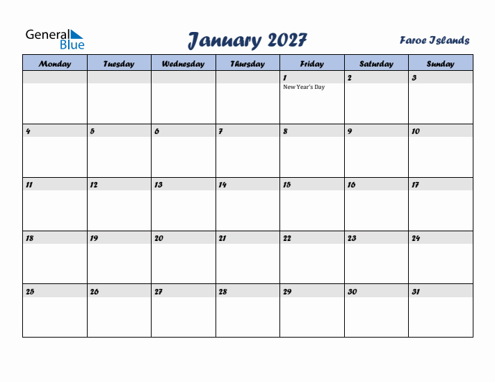 January 2027 Calendar with Holidays in Faroe Islands