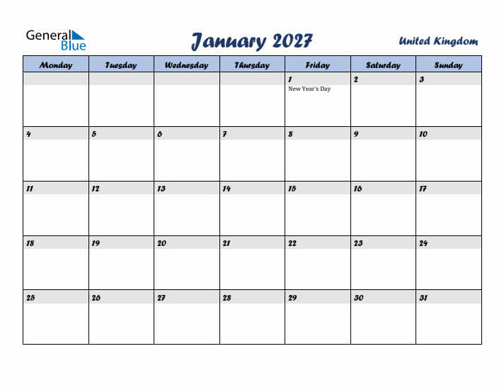 January 2027 Calendar with Holidays in United Kingdom