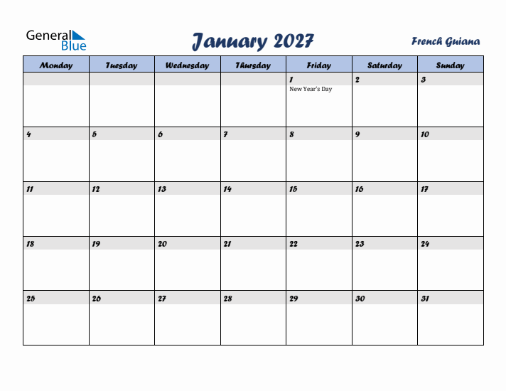 January 2027 Calendar with Holidays in French Guiana