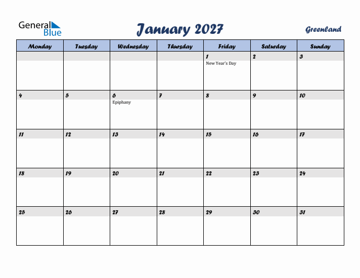 January 2027 Calendar with Holidays in Greenland
