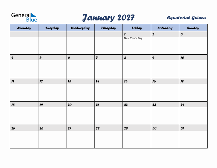 January 2027 Calendar with Holidays in Equatorial Guinea