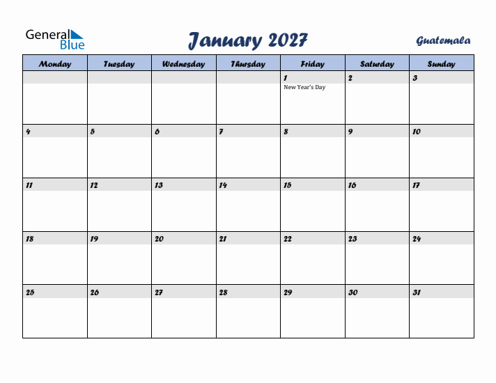 January 2027 Calendar with Holidays in Guatemala