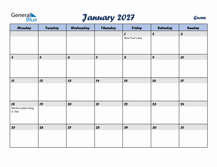 January 2027 Calendar with Holidays in Guam