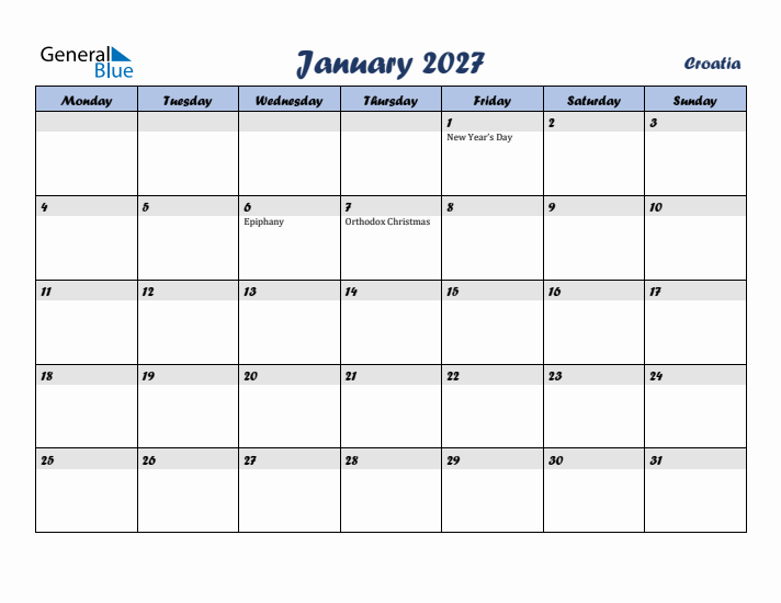 January 2027 Calendar with Holidays in Croatia