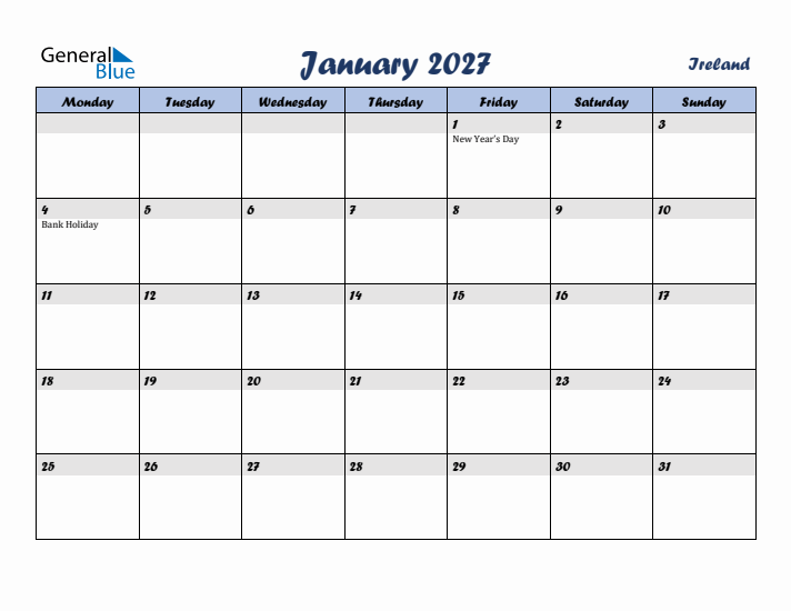 January 2027 Calendar with Holidays in Ireland