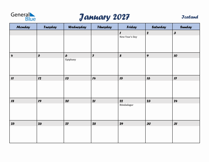 January 2027 Calendar with Holidays in Iceland