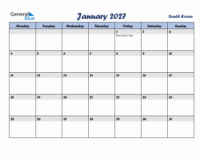January 2027 Calendar with Holidays in South Korea