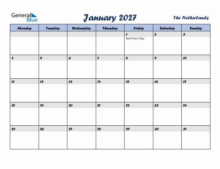 January 2027 Calendar with Holidays in The Netherlands