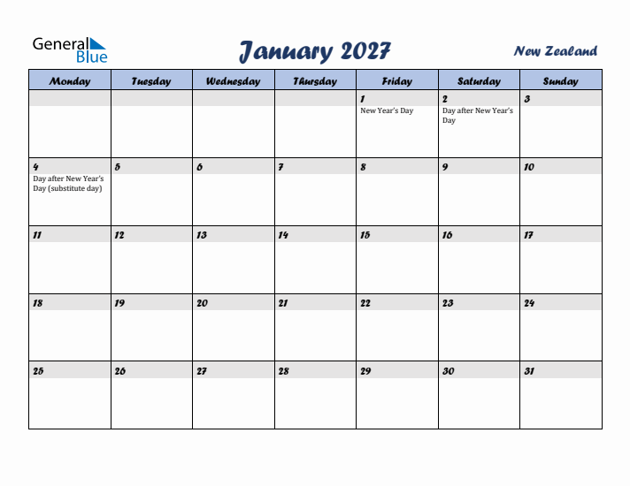 January 2027 Calendar with Holidays in New Zealand