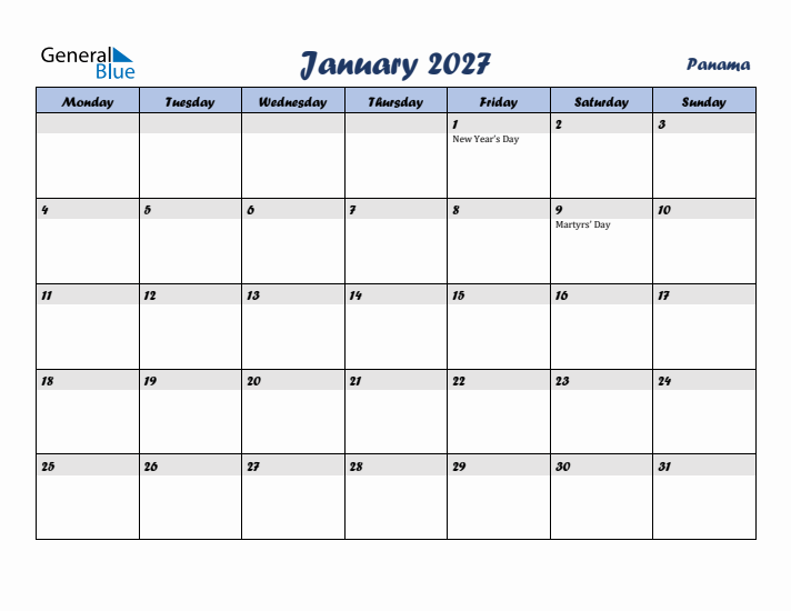 January 2027 Calendar with Holidays in Panama