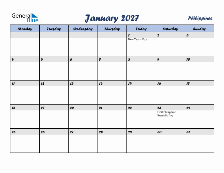 January 2027 Calendar with Holidays in Philippines