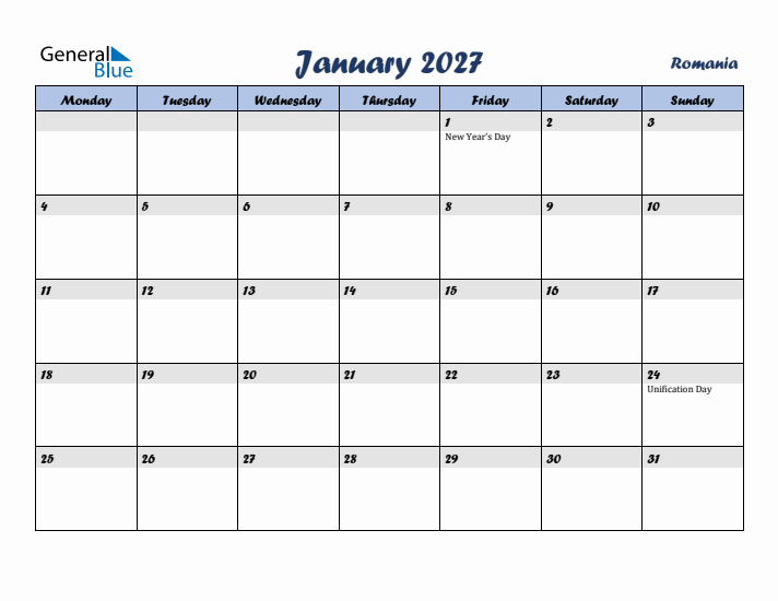 January 2027 Calendar with Holidays in Romania