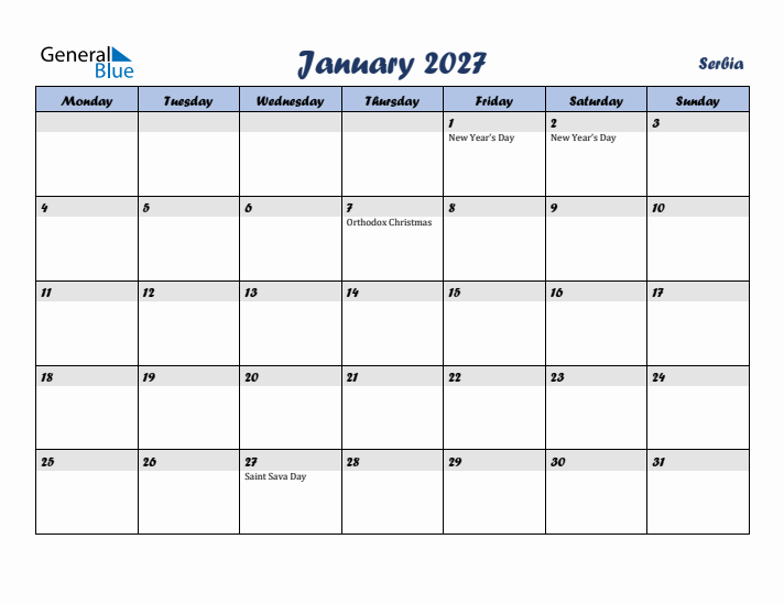 January 2027 Calendar with Holidays in Serbia