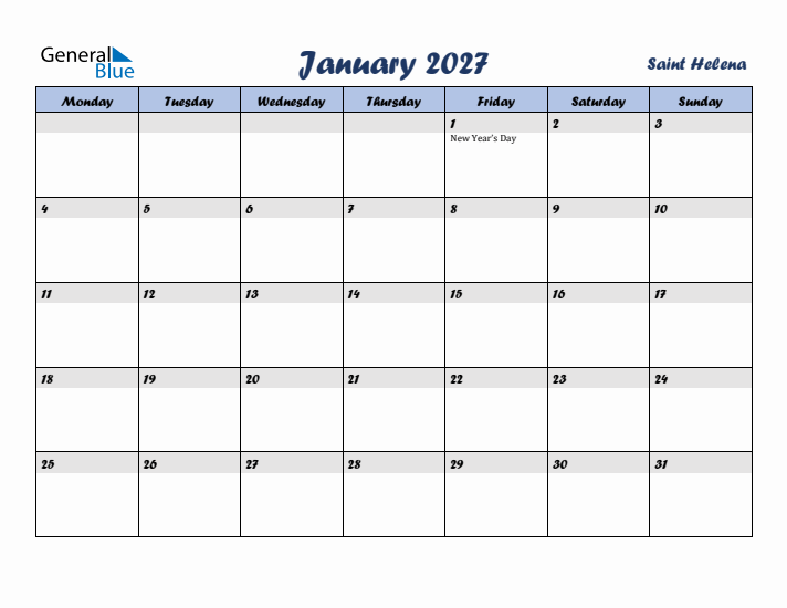 January 2027 Calendar with Holidays in Saint Helena