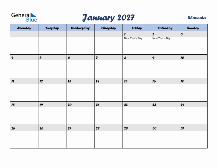 January 2027 Calendar with Holidays in Slovenia