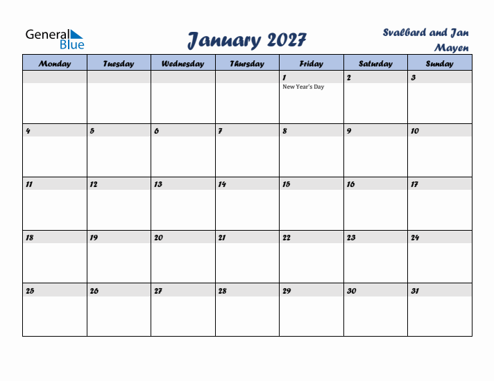 January 2027 Calendar with Holidays in Svalbard and Jan Mayen