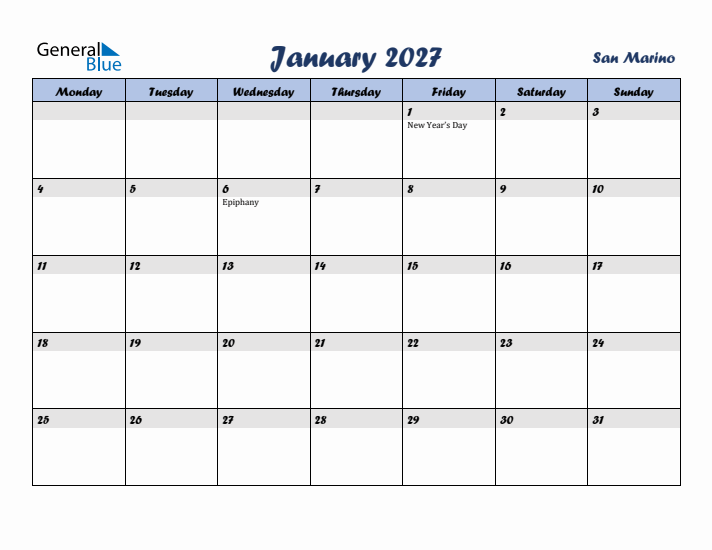 January 2027 Calendar with Holidays in San Marino