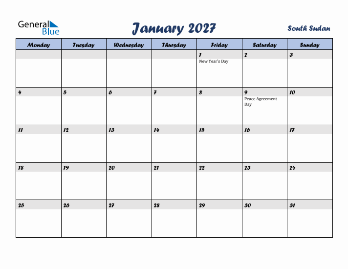 January 2027 Calendar with Holidays in South Sudan