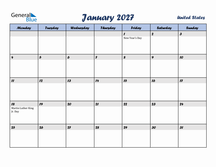 January 2027 Calendar with Holidays in United States