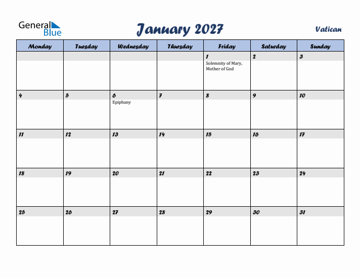 January 2027 Calendar with Holidays in Vatican
