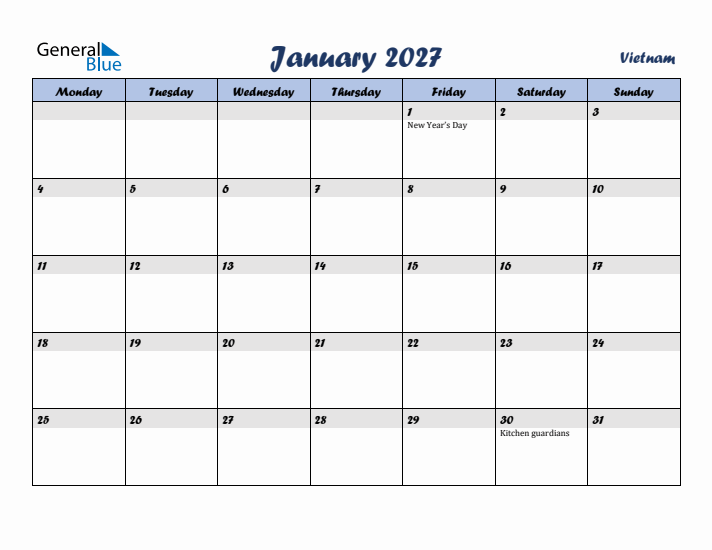 January 2027 Calendar with Holidays in Vietnam