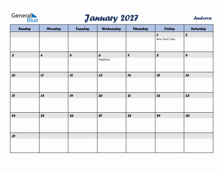 January 2027 Calendar with Holidays in Andorra