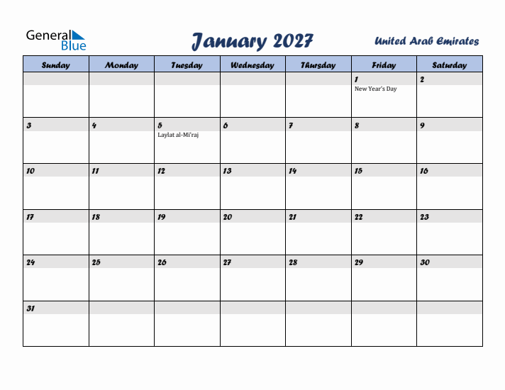 January 2027 Calendar with Holidays in United Arab Emirates