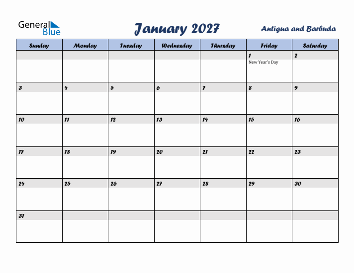January 2027 Calendar with Holidays in Antigua and Barbuda
