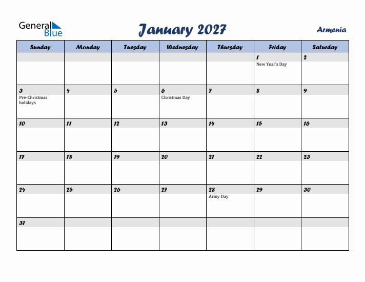 January 2027 Calendar with Holidays in Armenia