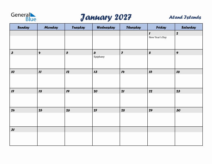 January 2027 Calendar with Holidays in Aland Islands