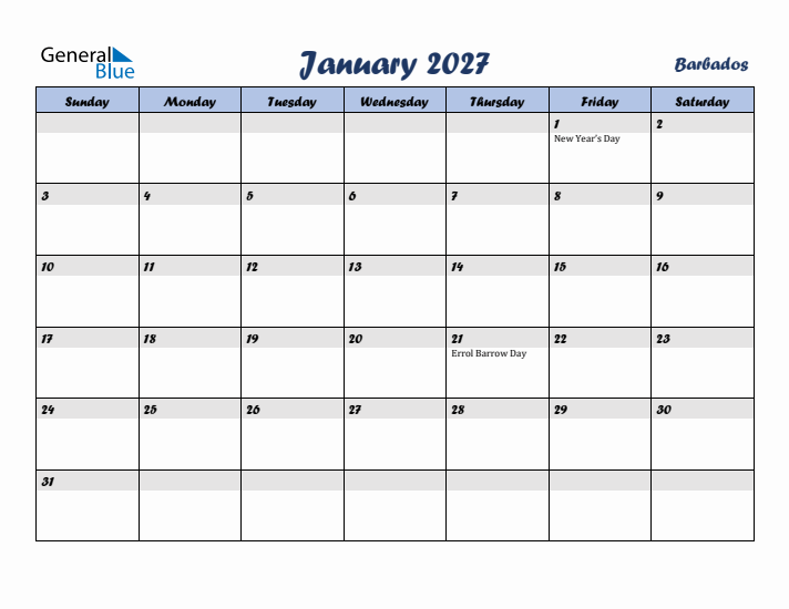 January 2027 Calendar with Holidays in Barbados