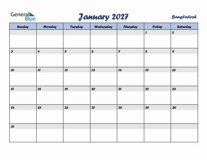 January 2027 Calendar with Holidays in Bangladesh