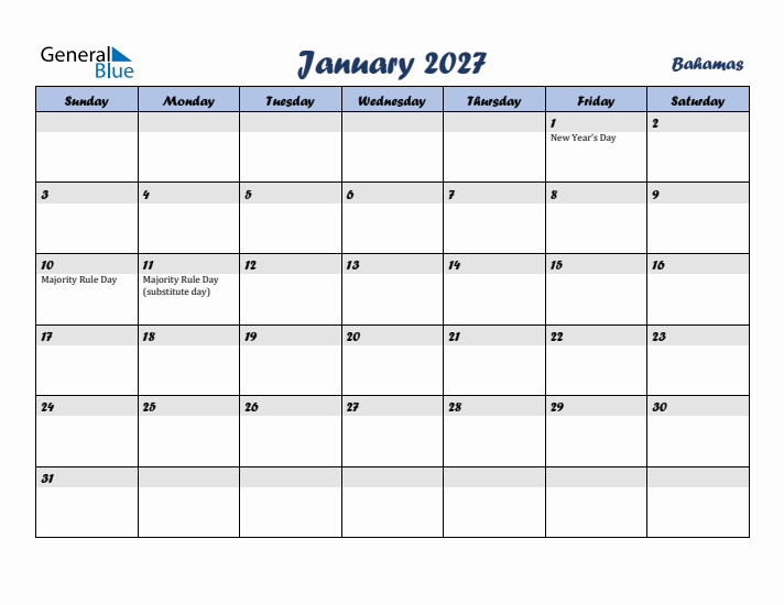 January 2027 Calendar with Holidays in Bahamas