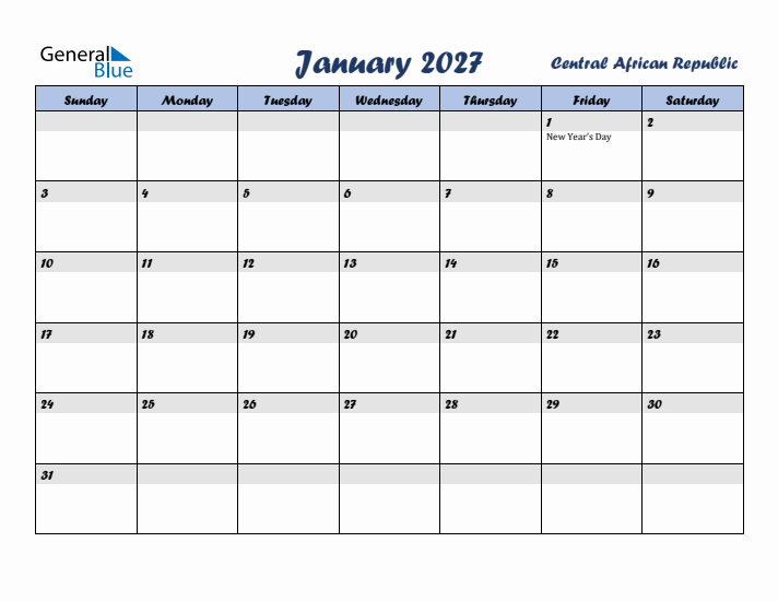 January 2027 Calendar with Holidays in Central African Republic