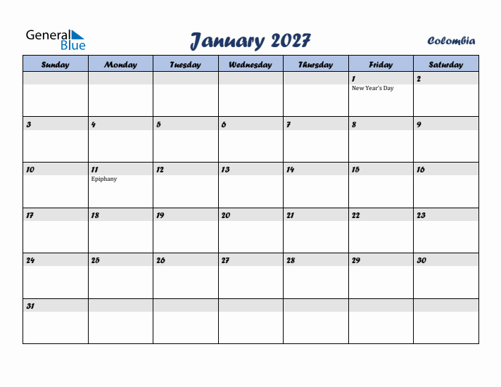 January 2027 Calendar with Holidays in Colombia