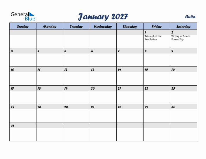 January 2027 Calendar with Holidays in Cuba