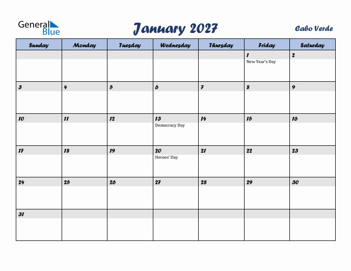 January 2027 Calendar with Holidays in Cabo Verde