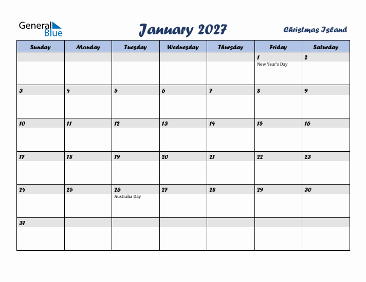 January 2027 Calendar with Holidays in Christmas Island