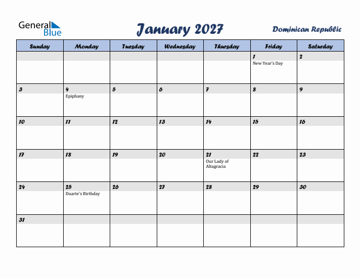 January 2027 Calendar with Holidays in Dominican Republic
