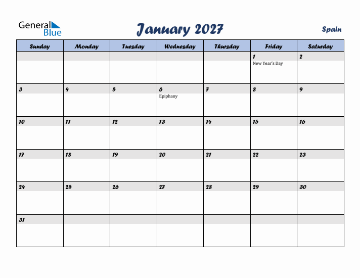 January 2027 Calendar with Holidays in Spain