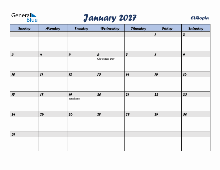 January 2027 Calendar with Holidays in Ethiopia