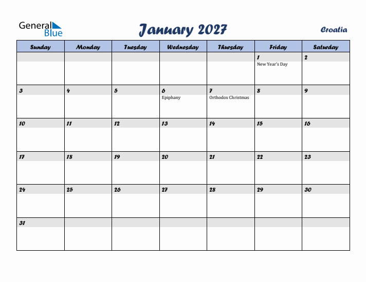 January 2027 Calendar with Holidays in Croatia