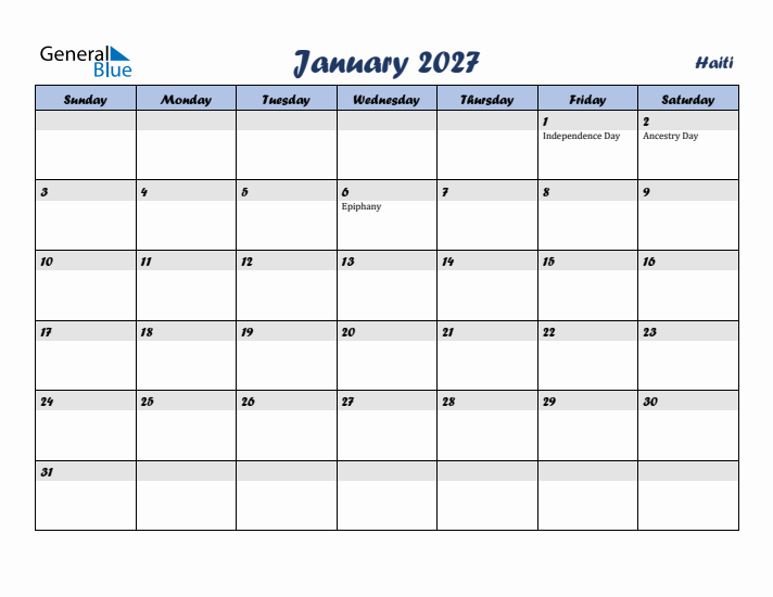 January 2027 Calendar with Holidays in Haiti